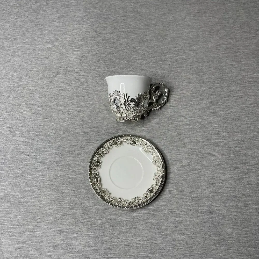 Pandiani Pologne Turkish Porcelain Silver Coffee, Tea Cup with Plate 2 PCS. Set